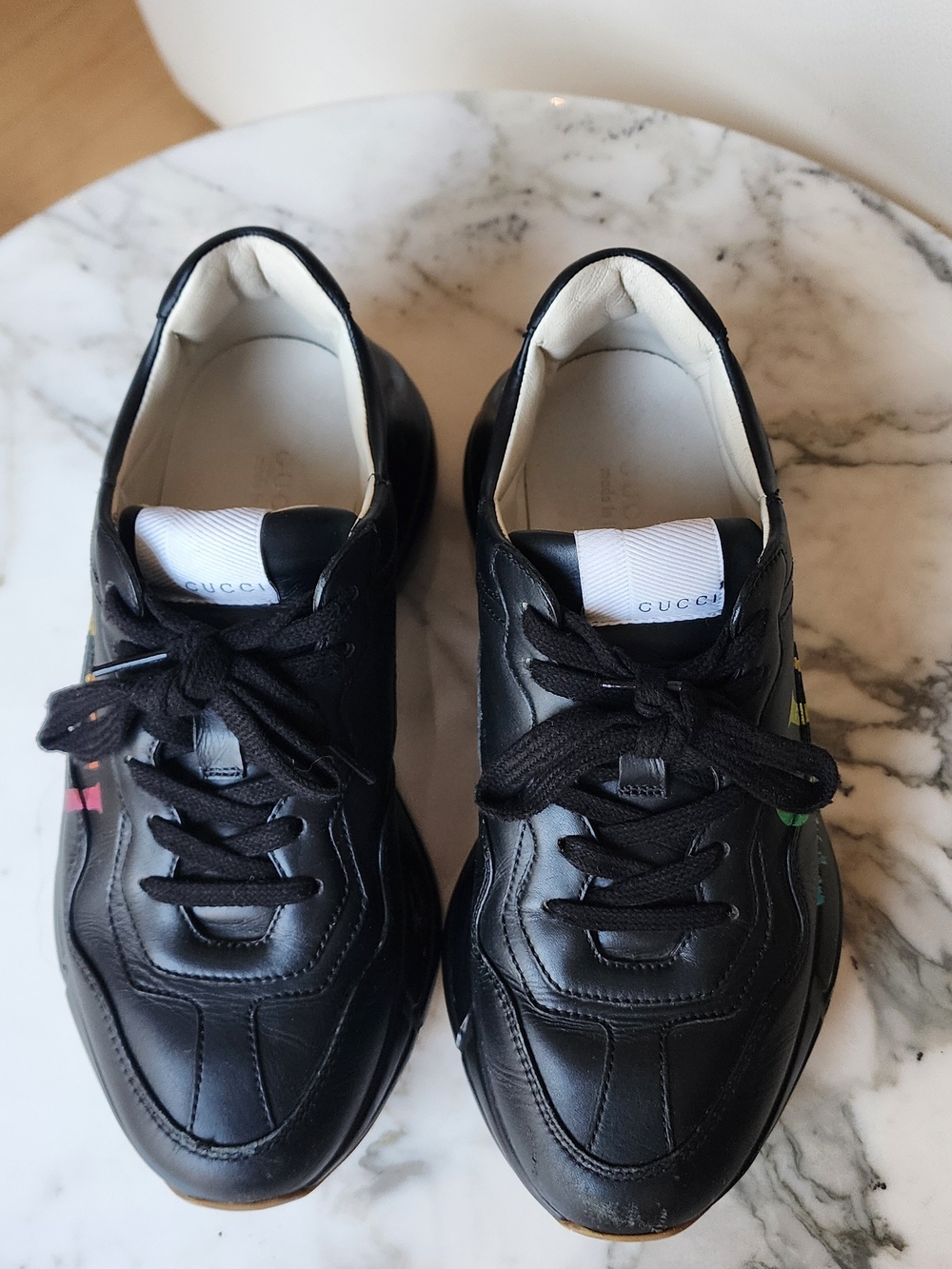 Gucci Rhyton Women's Black Leather Sneakers with Rainbow Logo Graphic Size 7.5 - Picture 4 of 13